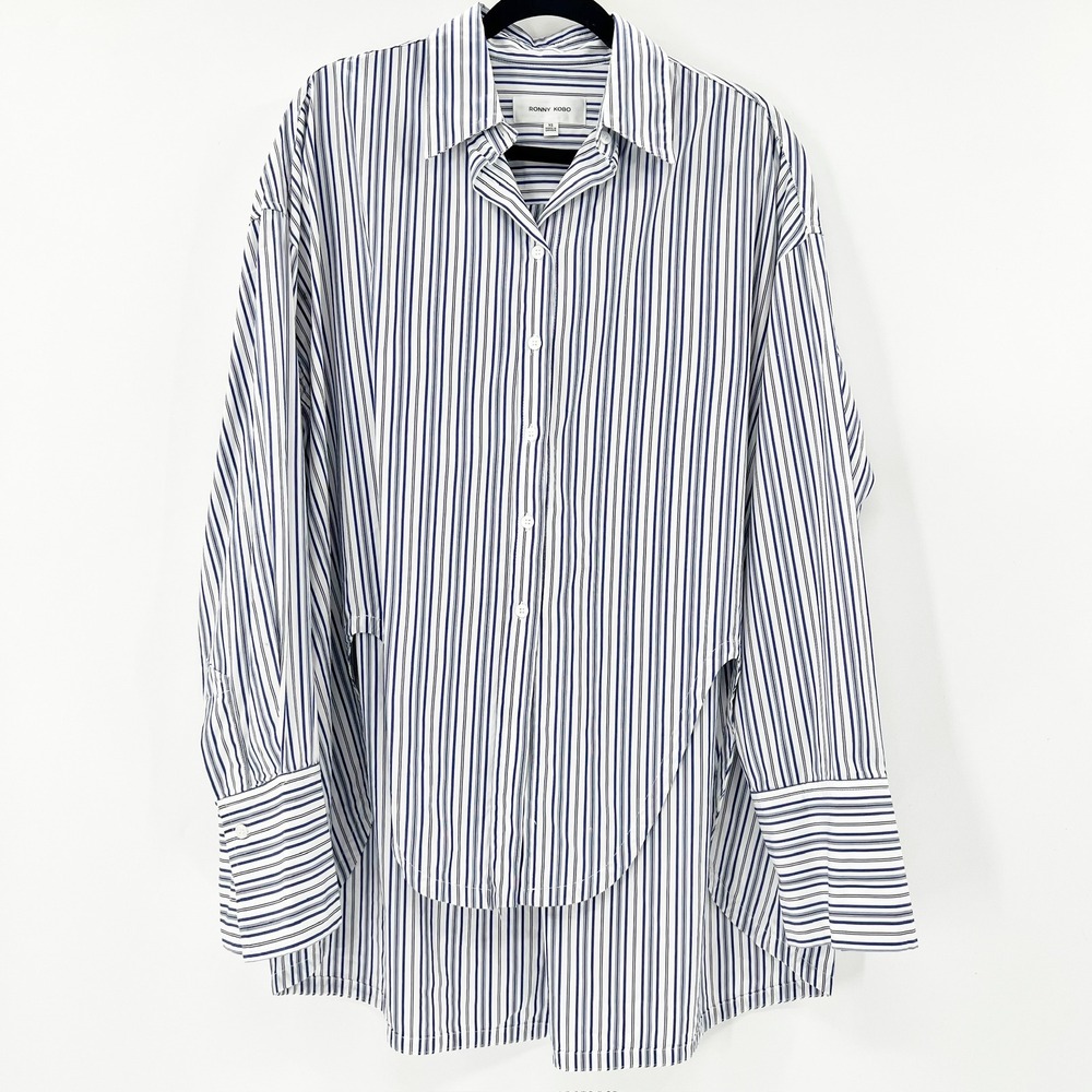Ronny Kobo XS Striped Oversized Button Down Shirt Blue White Cotton Canada - Picture 3 of 6